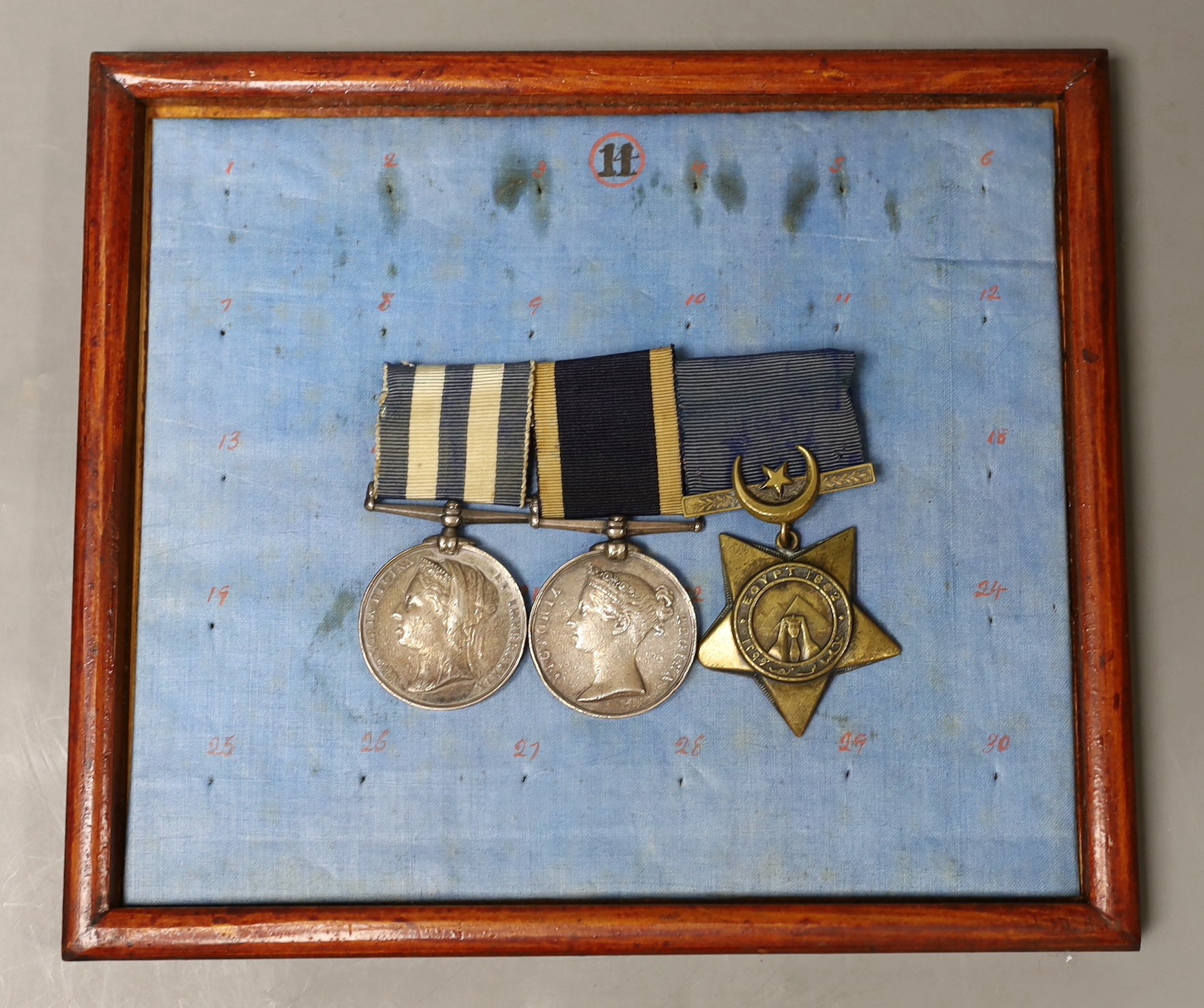 Egypt 1882 medal, Khedive star and Naval Long Service and Good Conduct medal to Wm. Barratt Sergt. R.M. HMS Coquette